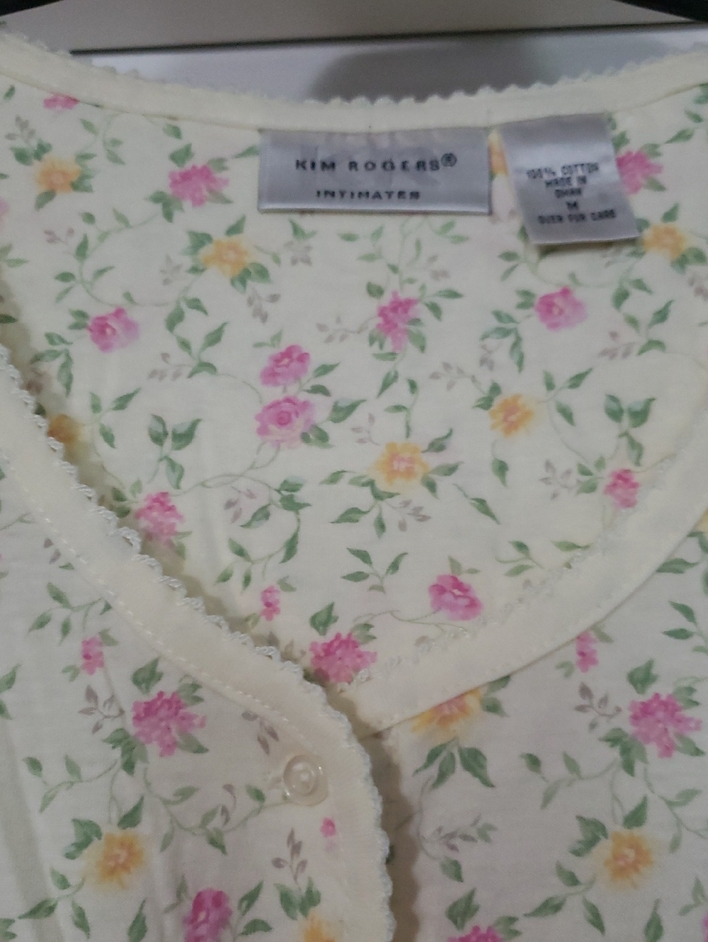 NWT- Kim Rogers Cream Floral Button-Front Nightgown with Pink and Yellow Roses - Picture 4 of 4